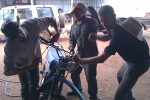 Working on a bike.